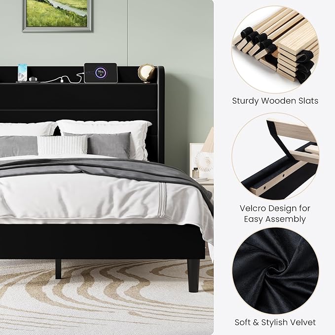 SHA CERLIN Queen Bed Frame with Charging Station, Velvet Upholstered Platform Bed, Wingback Storage Headboard, Type-C & USB Ports, Strong Wooden Slats, No Box Spring Needed, Easy Assembly, Black