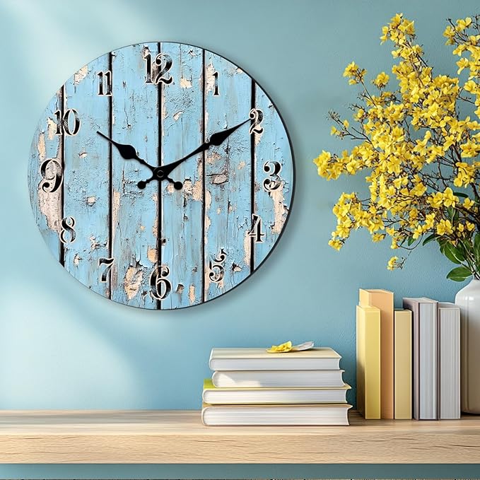 12 Inch Coastal Wooden Wall Clock for Kitchen - Round Wall-Clocks with Sea Mew Design Battery Operated Silent Clocks for Farmhouse, Bedroom Decor