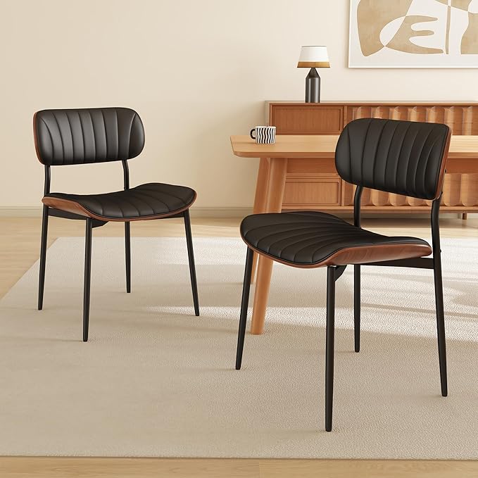Modern PU Leather Dining Room Chairs Set of 4, Upholstered Kitchen Chairs with Walnut Bentwood Back and Metal Legs Adjustable Feet for Kitchen Dining Room(Balck)