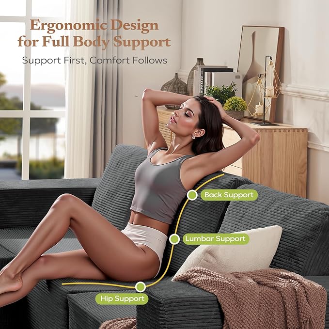 106" Cloud Sectional Couch, Left/Right Facing Convertible Sofa with Deep Seat, L-Shape Modular Upholstered Foam Couch for Living Room Bedroom, No Assembly Required (Corduroy Fabric, Grey)