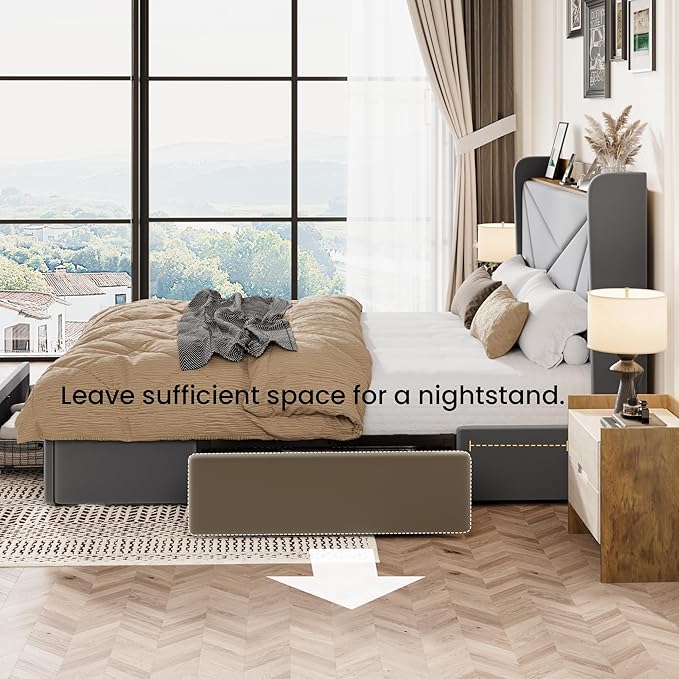 SHA CERLIN Queen Bed Frame with 3 Drawers, USB & Type-C Charging Ports, Velvet Upholstered Platform Bed with Modern Geometric Wingback Storage Headboard, No Box Spring Needed, Easy Assembly, Grey