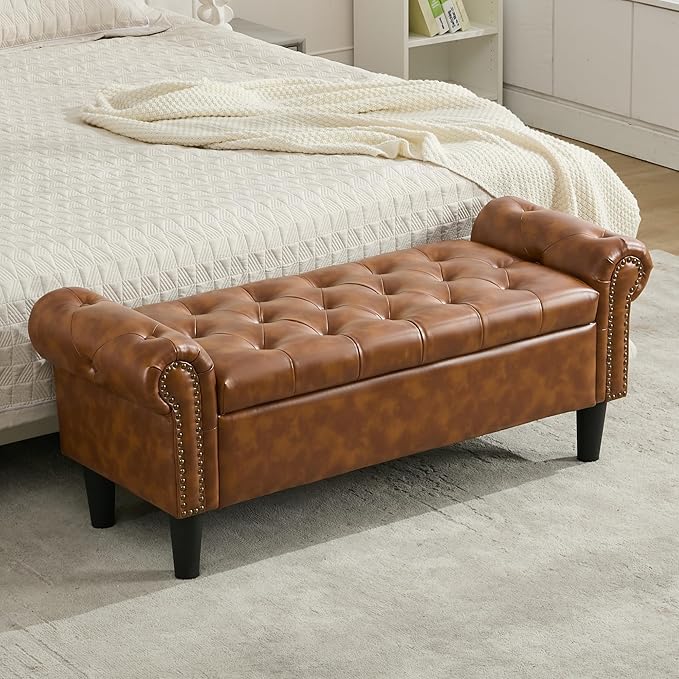 Queen End of Bed Bench with Storage, Faux Leather Tufted Button Upholstered Ottoman, Window Bench for Living Room, Entryway - Brown