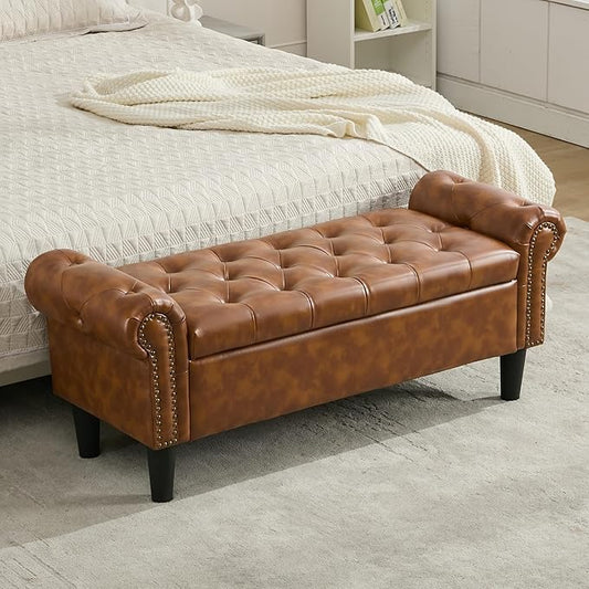 Queen End of Bed Bench with Storage, Faux Leather Tufted Button Upholstered Ottoman, Window Bench for Living Room, Entryway - Brown
