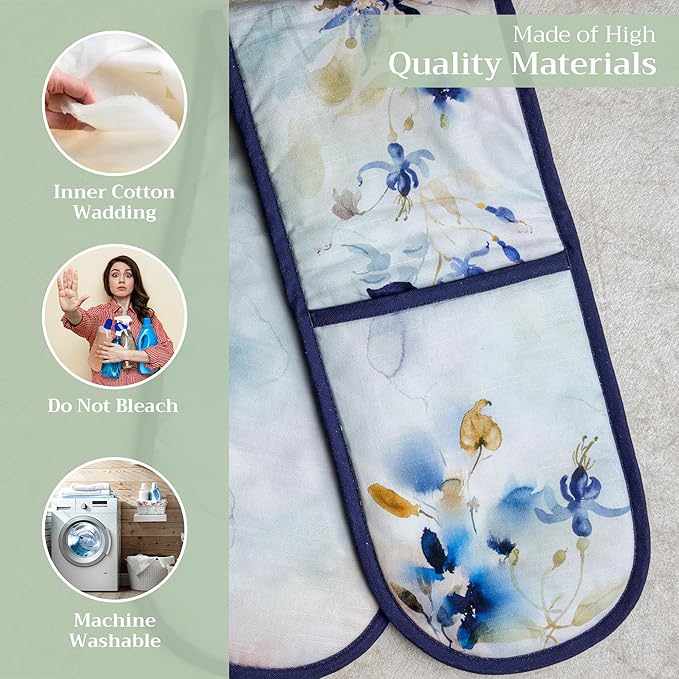 Maison d' Hermine Double Oven Mitts 100% Cotton 7"x35" Double Oven Mitt Heat Resistant BBQ Cooking Gloves with Loop, Baking, Grilling, Home, Kitchen, Handling Hot Pans Spring Summer (Lazy Summer Days)