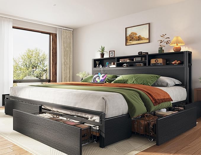 EnHomee King Size Bed Frame with 6 Storage Drawers King Bed Frame and Headboard, Storage Bed with Charging Station, No Noise,No Box Springs Needed,Black