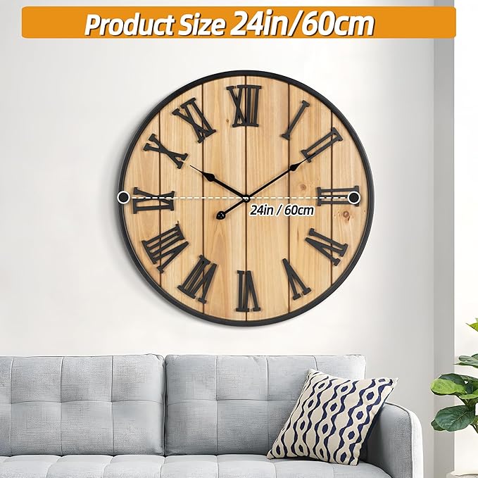 Large Wall Clock 24IN, Silent Metal Wood Style Wall Clocks Battery Operated for Living Room Decor, Farmhouse Big Wall Clock, Outdoor