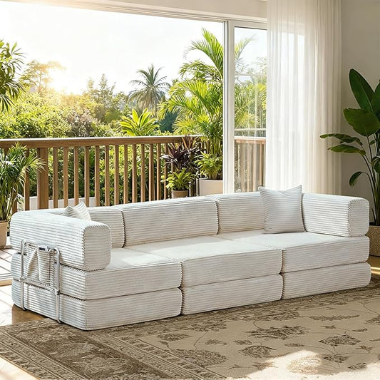 Folding Sofa Bed Convertable Corduroy Couch King Size Floor Sleeper 4-in-1 DIY Combination Modular Sofa Fold Out Futon Lounge Comfy Foldable Lazy cama for Living Room (Off-White)