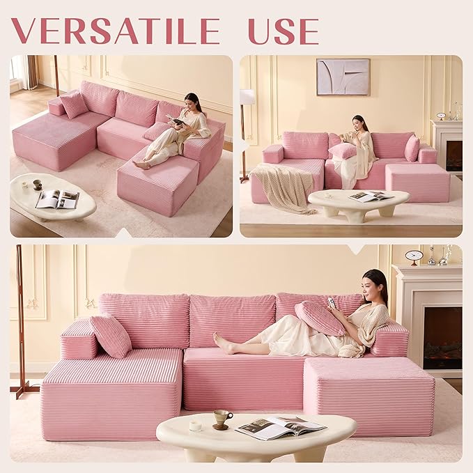 107" Boneless Couch with Deep Seat, Modular Sectional Sofa, Cloud Sectional Couch for Living Room, No Assembly Required, Corduroy, U-Shape 3 Seater Left, Pink