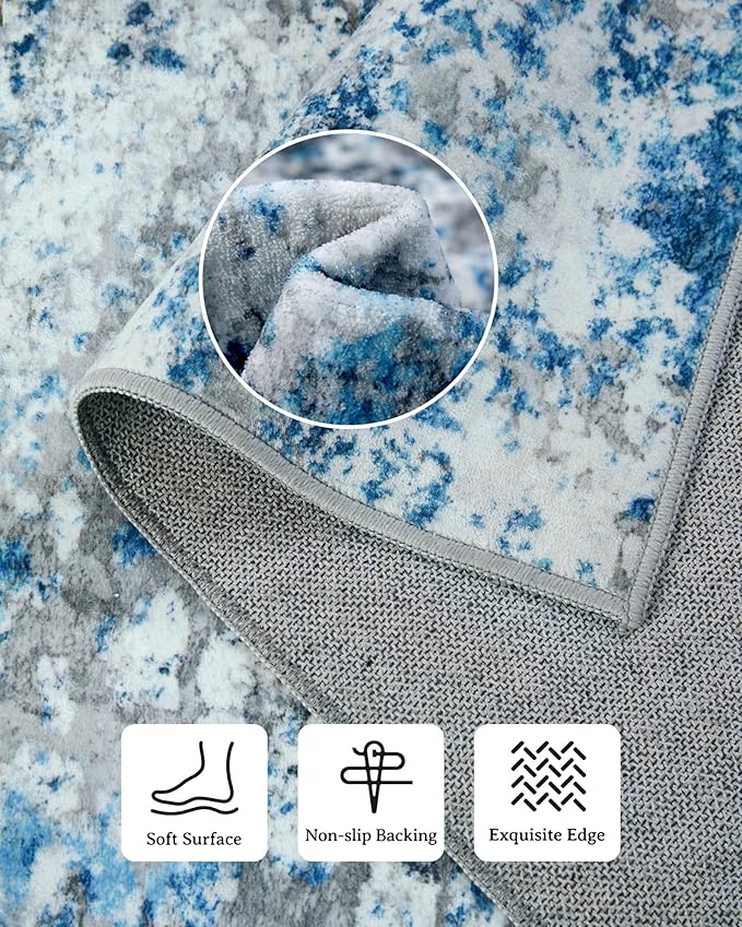 Washable Area Rug for Living Room: 8x10 Modern Abstract Neutral Soft Rug for Bedroom Dining Room No Slip Low Pile Carpet for Nursery Home Office - Grey/Blue