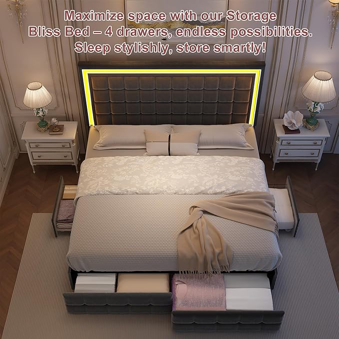 Queen Led Bed Frame with 4 Storage Drawers, Bed Frame with Led Lights No Box Spring Needed, 900 lbs Capacity, Easy Assembly, Sturdy Design, Velvet Grey