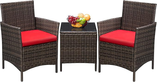 Greesum 3 Pieces Patio Furniture Sets Outdoor PE Rattan Wicker Chairs with Soft Cushion and Glass Coffee Table for Garden Backyard Porch Poolside, Brown and Red
