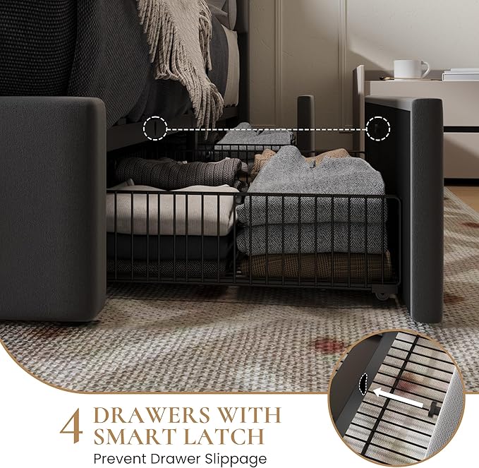 SHA CERLIN Queen Size Platform Bed Frame with 4 Storage Drawers, Velvet Upholstered Headboard, Mattress Foundation with Wooden Slats Support, No Box Spring Needed, Easy Assembly, Grey