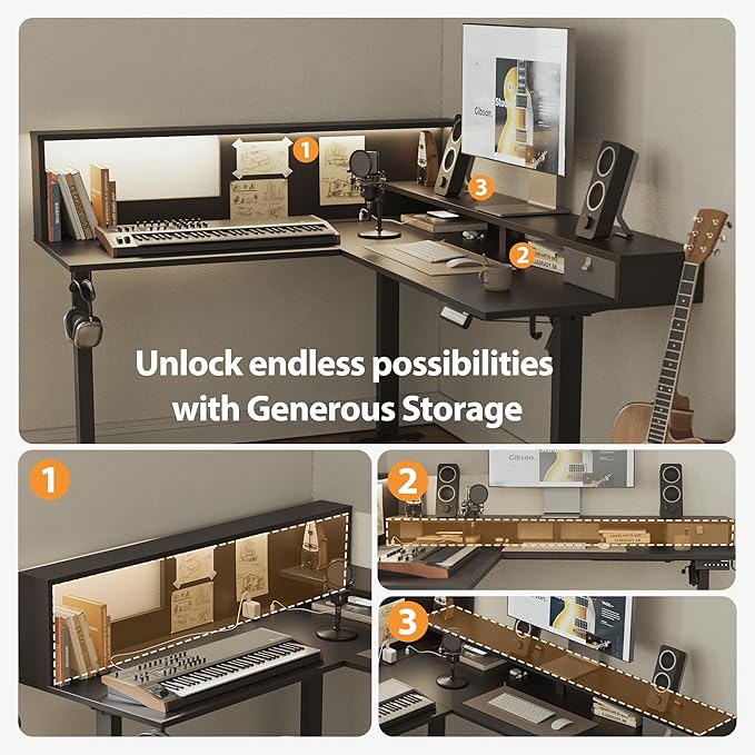 Agilestic L-Shaped Electric Standing Desk, 63x55 Inch Ergonomic Adjustable Height Desk with Storage, Stand Up Corner Desk Sit Stand Computer Table Power Outlet & LED Lights, Office Table, Black