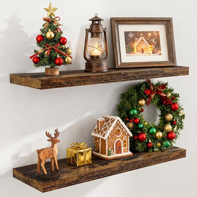 Floating Shelves for Wall, 36 x 9.3 Large Floating Shelf Wall Mounted Set of 2, Rustic Wood Shelves for Bathroom, Kitchen, Living, Heavy-Duty Storage Deep Shelf for Books, Decor, Rustic Brown