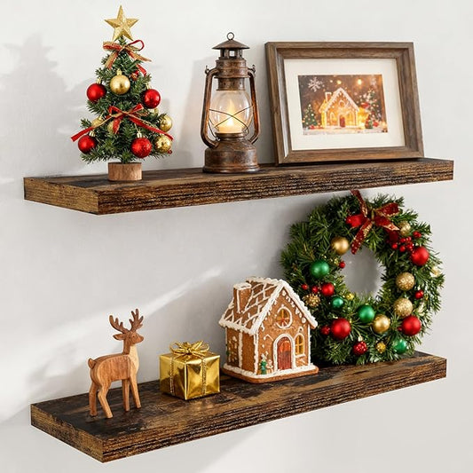 Floating Shelves for Wall, 36 x 9.3 Large Floating Shelf Wall Mounted Set of 2, Rustic Wood Shelves for Bathroom, Kitchen, Living, Heavy-Duty Storage Deep Shelf for Books, Decor, Rustic Brown