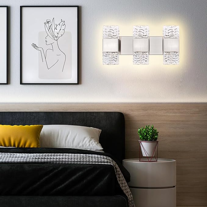 MELUCEE 3-Light Brushed Nickel Vanity Light Bar LED Bathroom Lighting Fixtures Over Mirror Dimmable Modern Wall Light with Crystal Column for Bath Restroom Powder Room, 3000K Warm Lighting