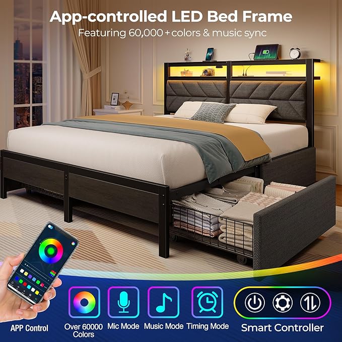 Seventable Full Size Bed Frame with 4 Storage Drawers, Charging Station & LED Lights, Upholstered Headboard with 2-Tier Shelves, Metal Platform Bed, No Box Spring Needed, Noise-Free, Grey