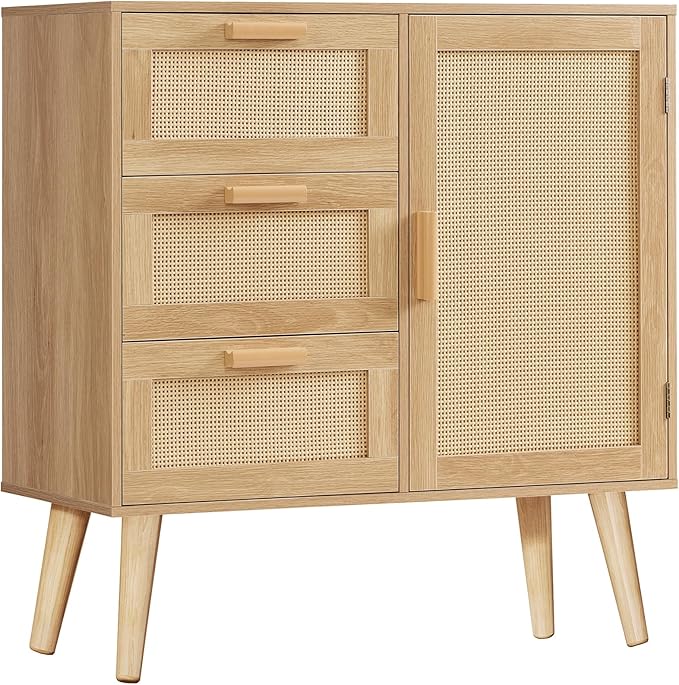 Iwell Storage Cabinet with 3 Drawers, Rattan Cabinet with Adjustable Shelf, Small Storage Cabinets, for Living Room, Entryway, Natural