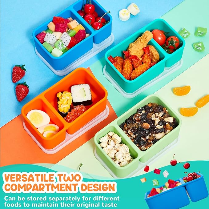 Roshtia 4 Pack Silicone Food Containers with Lids, Reusable Packs Bento Lunch Box for Meal Prep Food Storage, Microwave Dishwasher Safe(2 Compartment,Light)