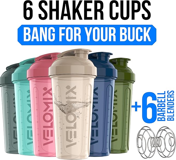 VELOMIX -6 PACK- 28 OZ Protein Shaker Bottles for Protein Mixes, Shaker Cups for Protein Shakes, Large Shaker Bottle Pack, Shaker Cup, Shakers for protein Shakes (Most Popular)