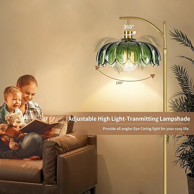 Arc Floor Lamps for Living Room Gold Floor Lamp with Remote Control,Dimmable Floor Lamp with Glass Lampshade,Vintage Mid Century Modern Standing Lamp Tall Flower Lamps for Bedroom Corner