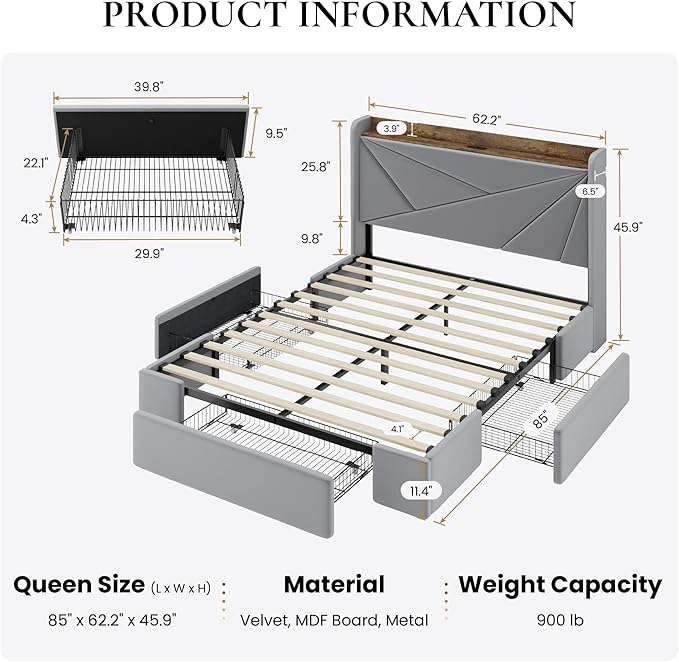SHA CERLIN Queen Bed Frame with 3 Drawers, USB & Type-C Charging Ports, Velvet Upholstered Platform Bed with Modern Geometric Wingback Storage Headboard, No Box Spring Needed, Easy Assembly, Grey