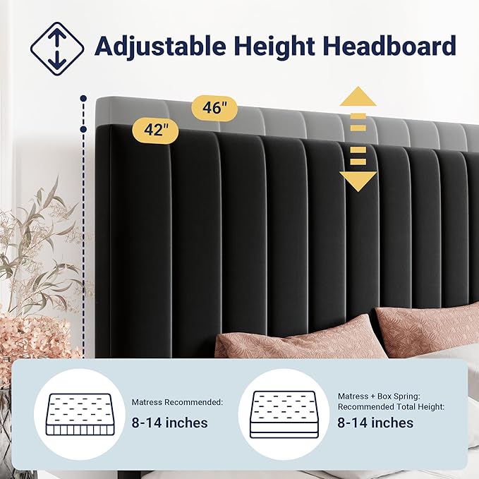 Allewie Queen Size Storage Bed Frame, Vertical Channel Tufted Adjustable Headboard, Velvet Upholstered Platform Bed with 4 Oversized Underbed Drawers, Wooden Slats Support, No Box Spring Needed, Black