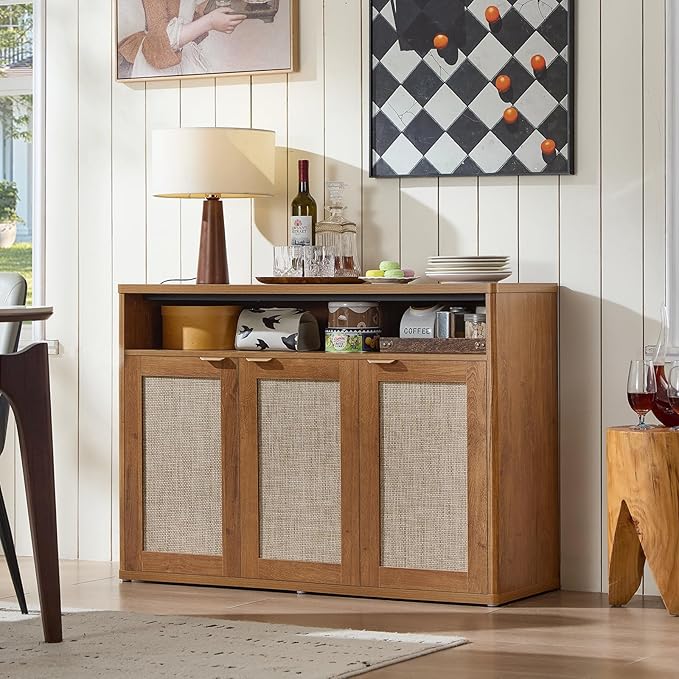 LEYAOYAO Rattan Sideboard Buffet Cabinet,45" Coffee Bar Cabinet with 3 Doors & Open Storage Shelf,Modern Credenza Console Table for Living Room Rattan Farmhouse entryway Brown