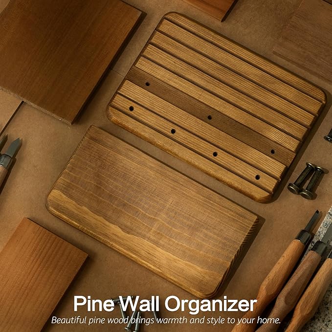 Rebee Vision Small Key Holder Wall Mount for Home Decor – Decorative 7-Inch Pine Wooden Key Holder for Wall with 4 Hooks & Mini Floating Shelf - Modern Farmhouse Home Organization (Light Brown)