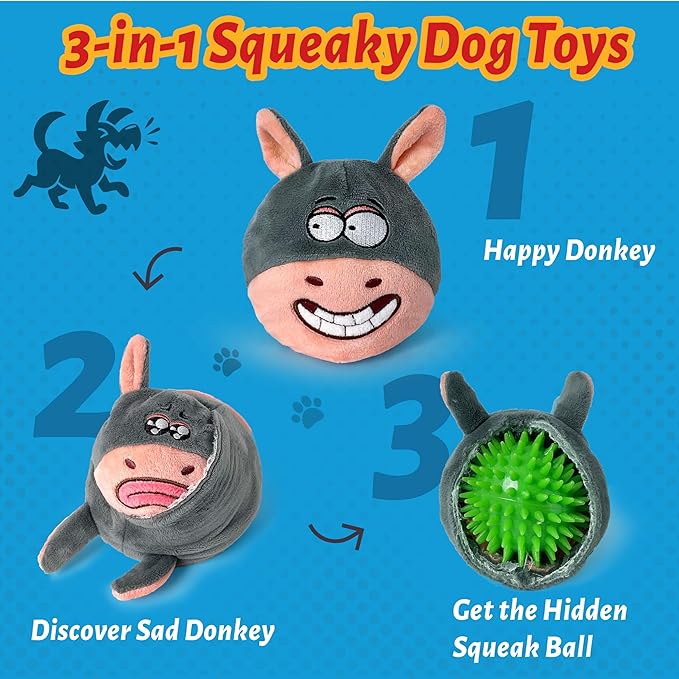3-in-1 Interactive Dog Toys – Durable No-Stuffing Chew Toy with Squeaky Spiked Ball for Small, Medium & Large Breeds, Dog Toys for Aggressive Chewers