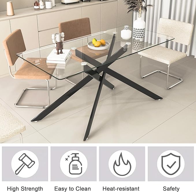 Modern Glass Dining Table Set for 4, Black Glass Kitchen Table and Chairs Set of 4, 5 Piece Dining Room Table Set with 61" Rectangular Metal Glass Dinner Table and 4 Grey Leather Dining Chairs