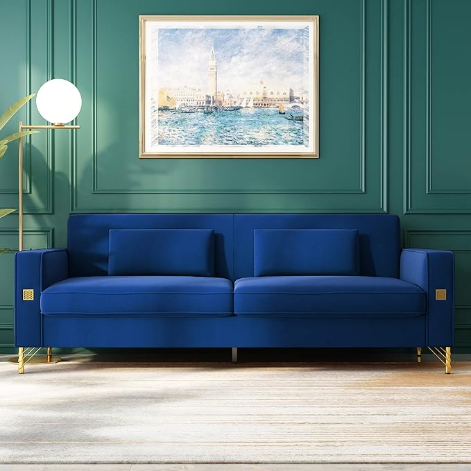 2PCS 85.63" Blue Velvet Sofa,Modern Loveseat Couch with Pillows Set of 2 for Living Room,Bedroom,Apartment Furniture with Gold Metal Legs