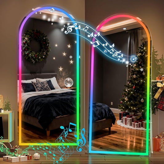 Hasipu 70.8" x 31.4" Arch LED RGB Bluetooth Full Length Mirror with Stand ＆ 7 Color Lighting Modes, Full Body Mirror with White Frame for Bedroom, Living Room, Dressing Room