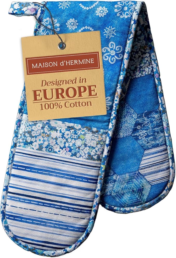 Maison d Hermine Summer Blue 100% Cotton Easter Double Oven Glove with Loop Heat Resistant for BBQ | Cooking | Baking | Grilling | Microwave | Barbecue | Spring/Summer (7.5 Inch by 35 Inch)