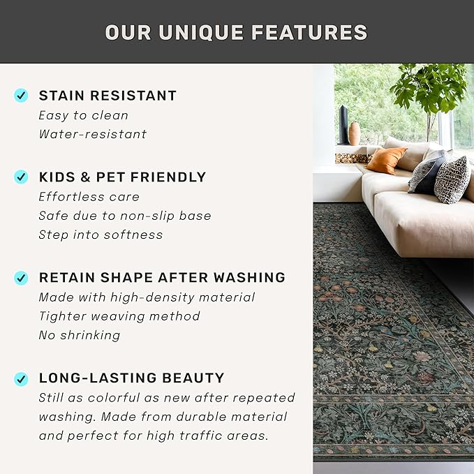 Washable Dark Green 10x12 Rug for Living Room - Extra Large Area Rugs for Dining Room Under Table, Bedroom, Soft Low Pile Non Slip Stain Resistant Carpet - Vintage Floral Design Non-Slip