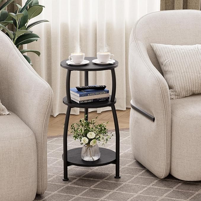Small Round Side Table, 3-Tier End Table with Storage Shelf, Slim Sofa Table Coffee Table, Sturdy & Easy Assemble Nightstand for Small Spaces, Living Room Bedroom Corner, Black