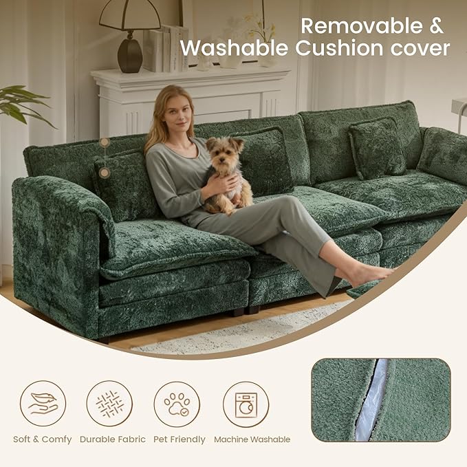 112" U Shaped Modular Sectional Sofa, 3 Seater Comfy Cloud Couch with Movable Ottoman, Deep Seat Couches for Living Room, Bedroom, Apartment (Green)