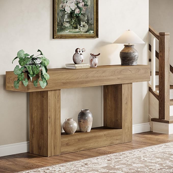Tribesigns 63" Console Table, Farmhouse 2-Tier Entryway Table with U-Shaped Base, Narrow Long Wood Sofa Table Behind Couch Table for Living Room, Hallway, Foyer, Light Brown