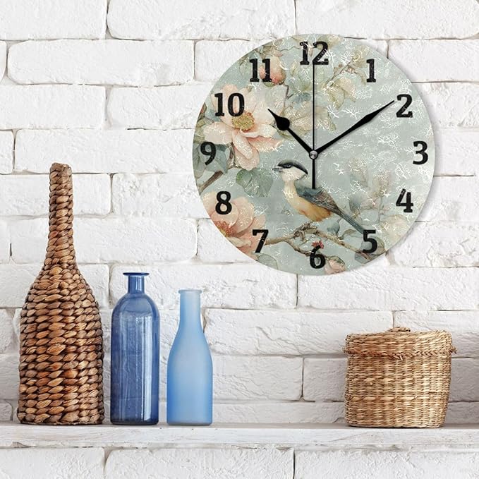 Birds Wall Clock Silent Non Ticking Wall Clock Decorative Battery Operated Wall Clocks 10 Inch for Home Kitchen Bedroom Living Room Office