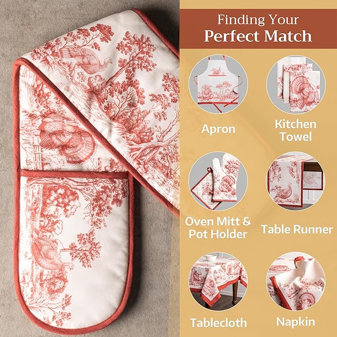 Maison d' Hermine Double Oven Mitt (7" x 35") 100% Cotton Heat Resistant BBQ Cooking Gloves with Loop for Thanksgiving Christmas Decorations Baking Cooking Barbeque Handling Hot Pan (Holy Jouy - Red)