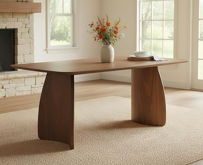 70 Inch Large Dining Table for 6-8 People, Solid Wood Kitchen Table with Curved Wooden Legs, Mid Century Modern Rectangular Long Dinner Table for Dining Room, Walnut