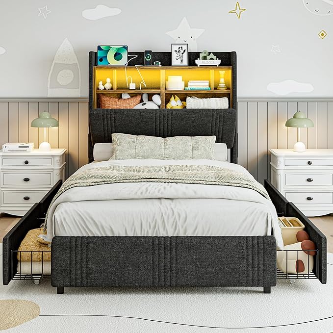 IKIFLY 49.2" Tall Twin XL Bed Frames with 4 Storage Drawers, Upholstered Wingback Hidden Storage Headboard with LED Lights & Charging Station, Solid Wood Slats, No Box Spring Needed, Black