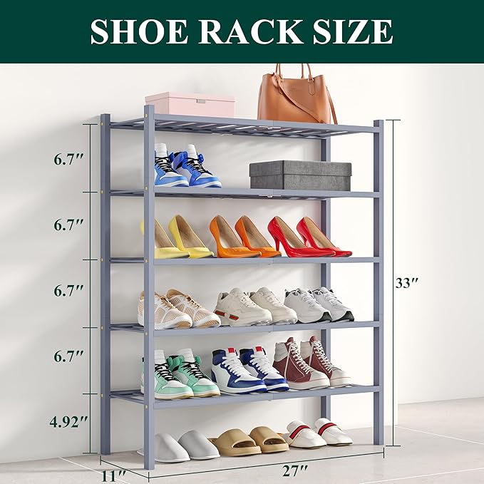 Smiry Shoe Rack, 5 Tier Bamboo Shoe Organizer, Stackable Free Standing Wooden Shoe Storage Shelf for Closet, Entryway, Front Door Entrance, Grey