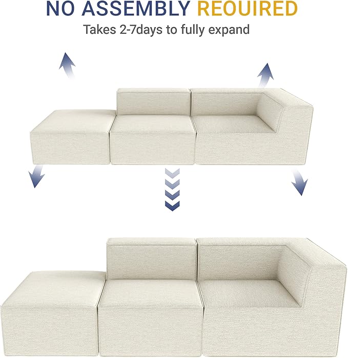 106" Sectional Compressed Sofa Modular Couches,High-Density Foam No Assembly Required,3-Piece(1xCorner 1xArmless 1xOttoman) for Living Room, Chenille Beige White