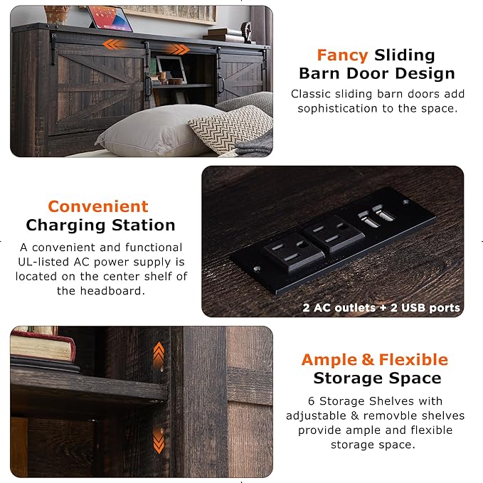 T4TREAM Farmhouse King Size Bed Frame w/Storage Bookcase Headboard, Sliding Barn Door, Charging Station, Rustic Wood Platform Bed w/Wood Slats Support, No Box Spring Needed, Dark Rustic Oak