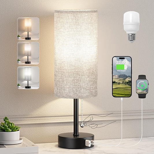 Grey Bedside Lamp for Bedroom Nightstand - Small Table Lamp with USB A + C Charging Port, 3 Color Temperatures Pull Chain Night Stand Light with Bulb, Side Table Desk Reading Lamp for Living Room/Dorm