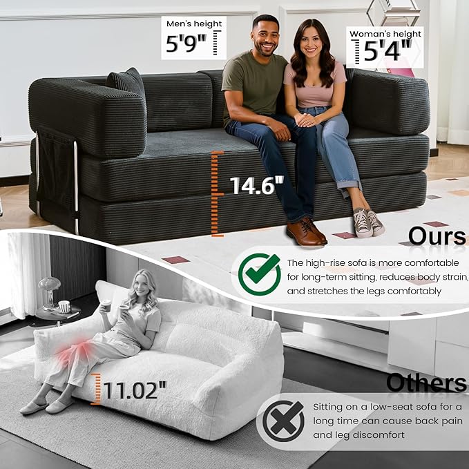 Folding Sofa Bed Convertable Corduroy Couch King Size Floor Sleeper 4-in-1 DIY Combination Modular Sofa Fold Out Futon Lounge Comfy Foldable Lazy cama for Living Room (Black, 80.15")