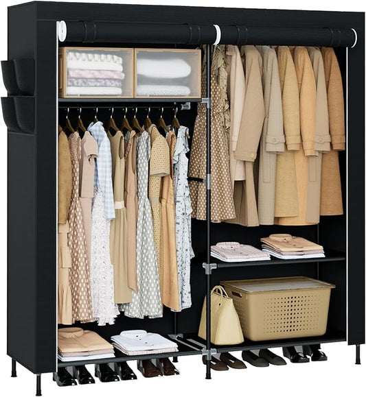 Portable Closet, 61.8 Inch Large Capacity Wardrobe Closet with Cover, Clothes Storage Organizer with Shelves and 2 Hanging Rods, Easy to Assembly, Black PCT222B01