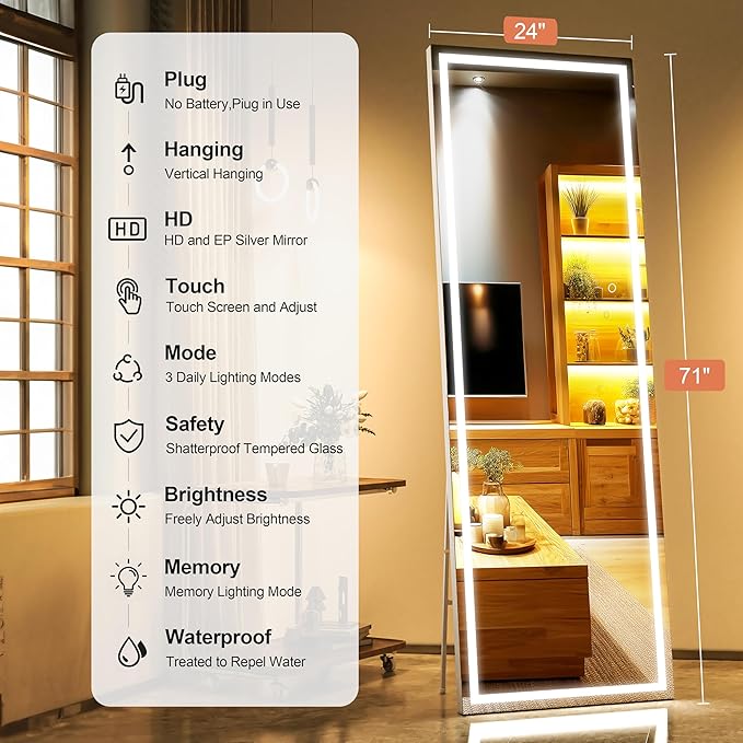 Full Length Mirror with Lights, 71" x 24" LED Lighted Floor Standing Mirror, Tempered Glass, Square White