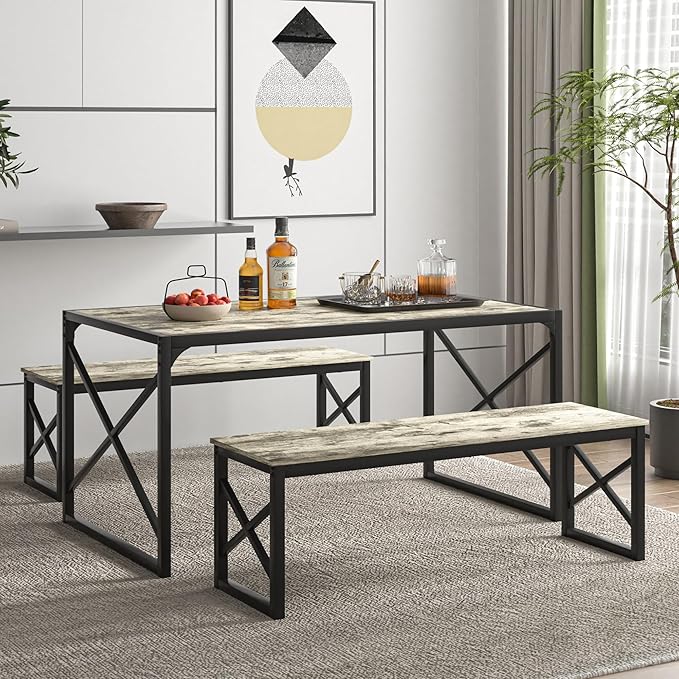 VECELO Kitchen Dining Table Benches Set for 4, 55" Wooden Dinette with 2 Benches, Heavy-Duty Dining Room Table for Small Space, Breakfast Nook, Grey